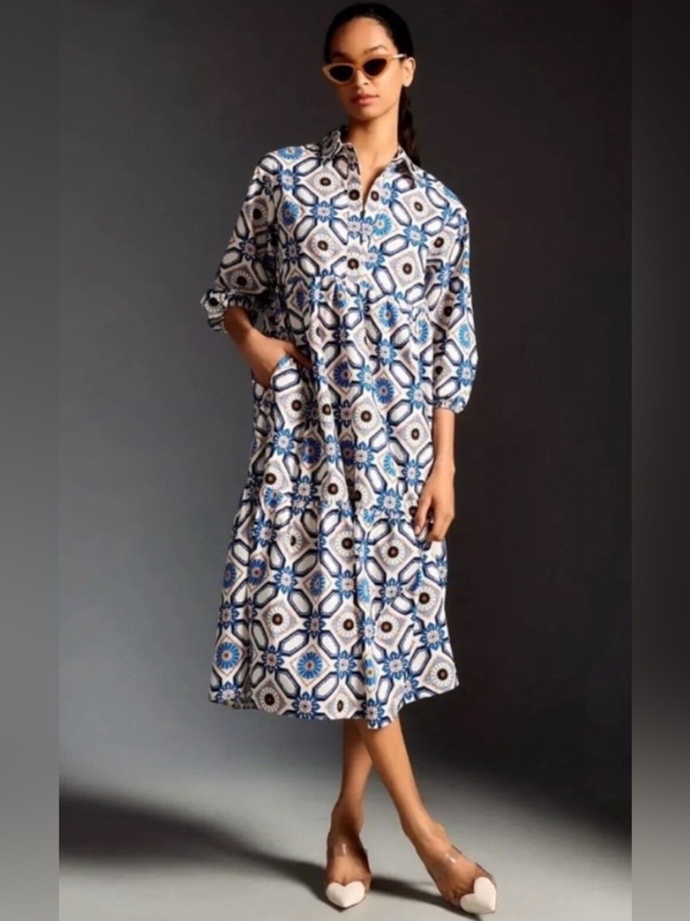 Anthropologie Maeve the Bettina tiered shirt dress geometric Blue/white
Sz XXS
